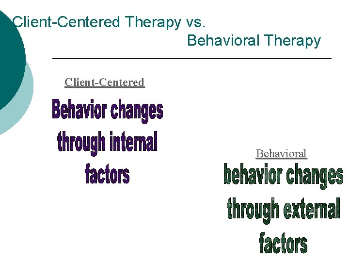 Client-Centered Therapy vs. Behavioral Therapy Client-Centered Behavioral 