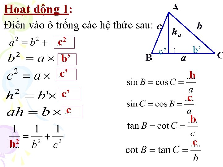 Hoạt động 1: A Điền vào ô trống các hệ thức sau: c b