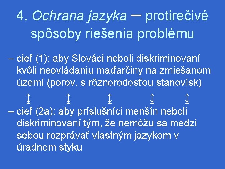 4. Ochrana jazyka – protirečivé spôsoby riešenia problému – cieľ (1): aby Slováci neboli