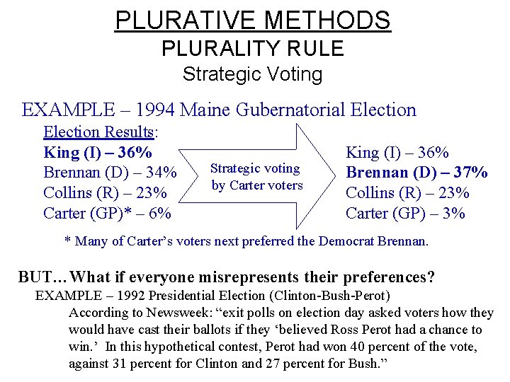 PLURATIVE METHODS PLURALITY RULE Strategic Voting EXAMPLE – 1994 Maine Gubernatorial Election Results: King