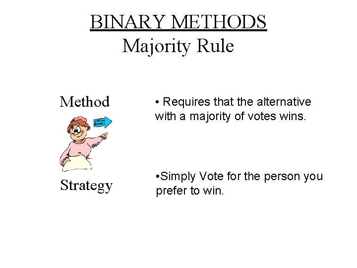 BINARY METHODS Majority Rule Method Strategy • Requires that the alternative with a majority