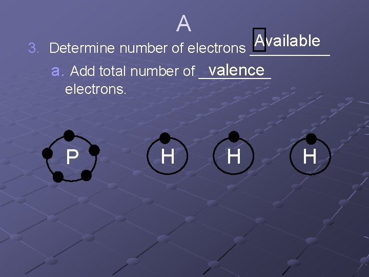 A Available 3. Determine number of electrons _____ valence a. Add total number of