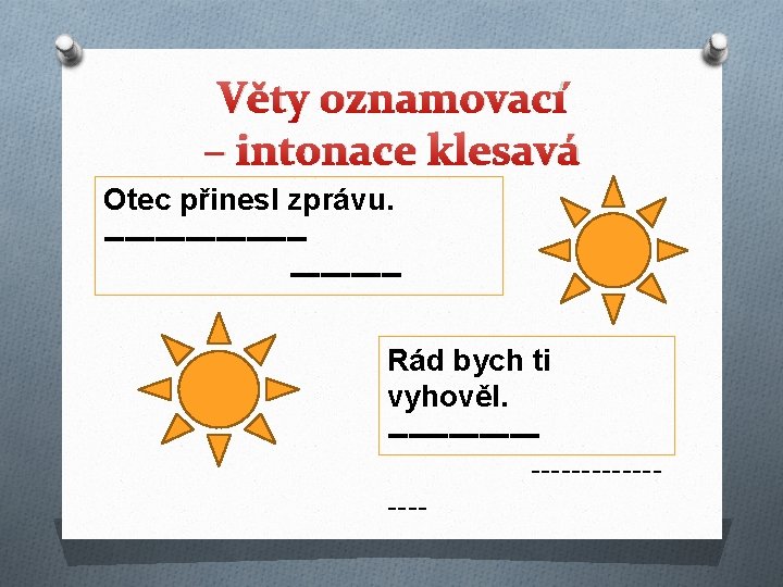 Věty oznamovací – intonace klesavá Otec přinesl zprávu. ---------------Rád bych ti vyhověl. --------------- 