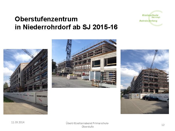 Oberstufenzentrum in Niederrohrdorf ab SJ 2015 -16 11. 09. 2014 Übertrittselternabend Primarschule. Oberstufe 12