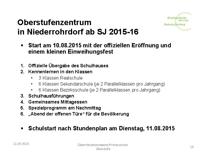 Oberstufenzentrum in Niederrohrdorf ab SJ 2015 -16 § Start am 10. 08. 2015 mit