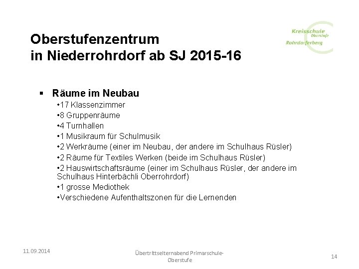 Oberstufenzentrum in Niederrohrdorf ab SJ 2015 -16 § Räume im Neubau • 17 Klassenzimmer