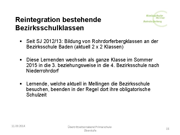 Reintegration bestehende Bezirksschulklassen § Seit SJ 2012/13: Bildung von Rohrdorferbergklassen an der Bezirksschule Baden