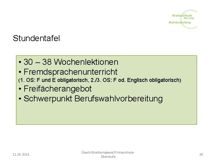 Stundentafel • 30 – 38 Wochenlektionen • Fremdsprachenunterricht (1. OS: F und E obligatorisch,