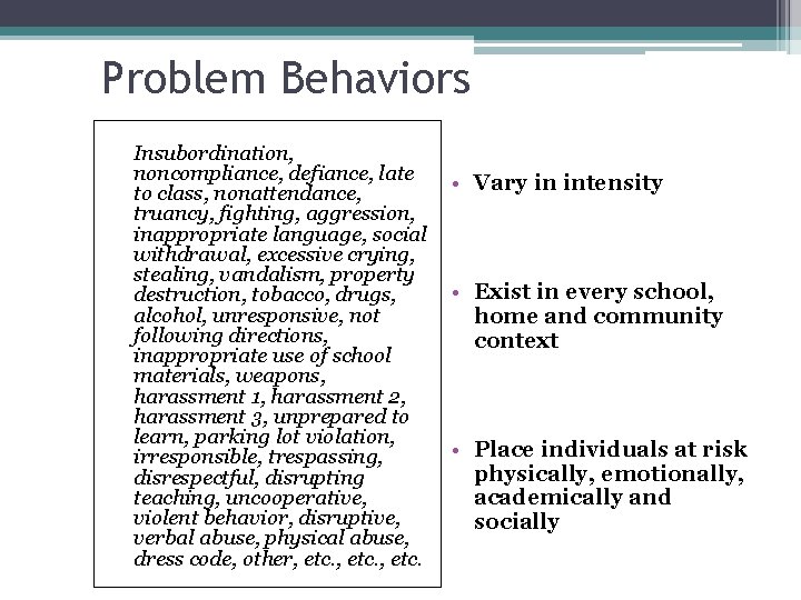 Problem Behaviors Insubordination, noncompliance, defiance, late to class, nonattendance, truancy, fighting, aggression, inappropriate language,