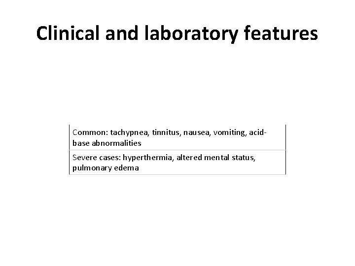 Clinical and laboratory features Common: tachypnea, tinnitus, nausea, vomiting, acidbase abnormalities Severe cases: hyperthermia,