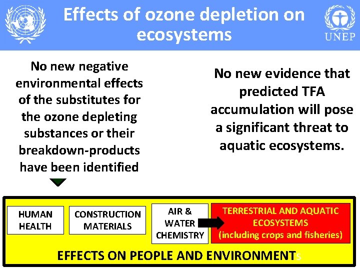 Effects of ozone depletion on ecosystems No new negative HFCs degrade to environmental effects