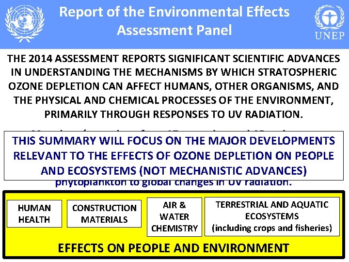 Report of the Environmental Effects Assessment Panel THE 2014 ASSESSMENT REPORTS SIGNIFICANT SCIENTIFIC ADVANCES