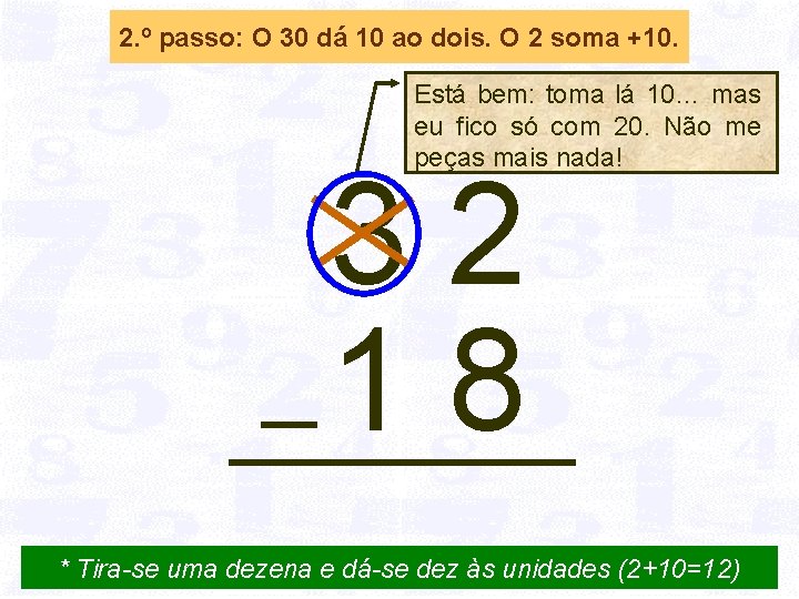 2. º passo: O 30 dá 10 ao dois. O 2 soma +10. Está