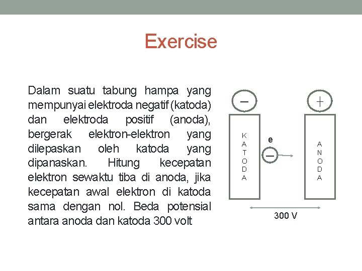 Exercise Dalam suatu tabung hampa yang mempunyai elektroda negatif (katoda) dan elektroda positif (anoda),