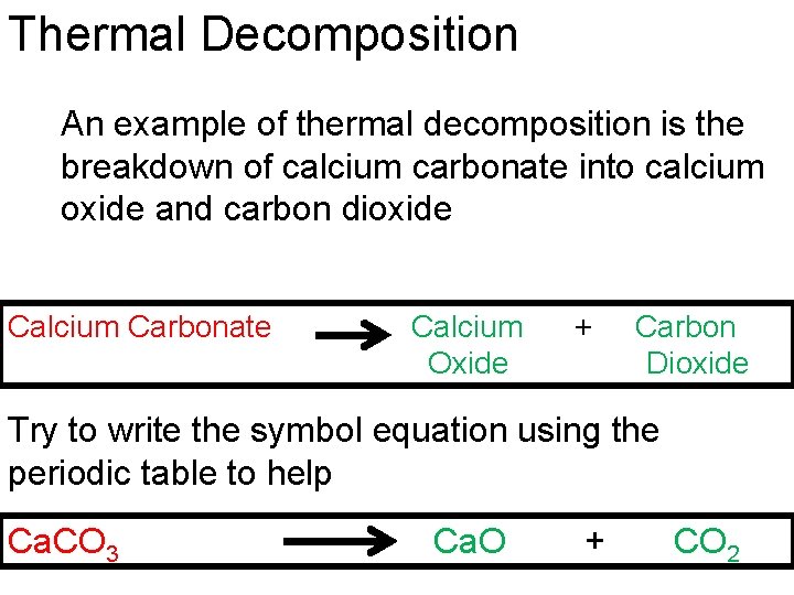 Thermal Decomposition An example of thermal decomposition is the breakdown of calcium carbonate into