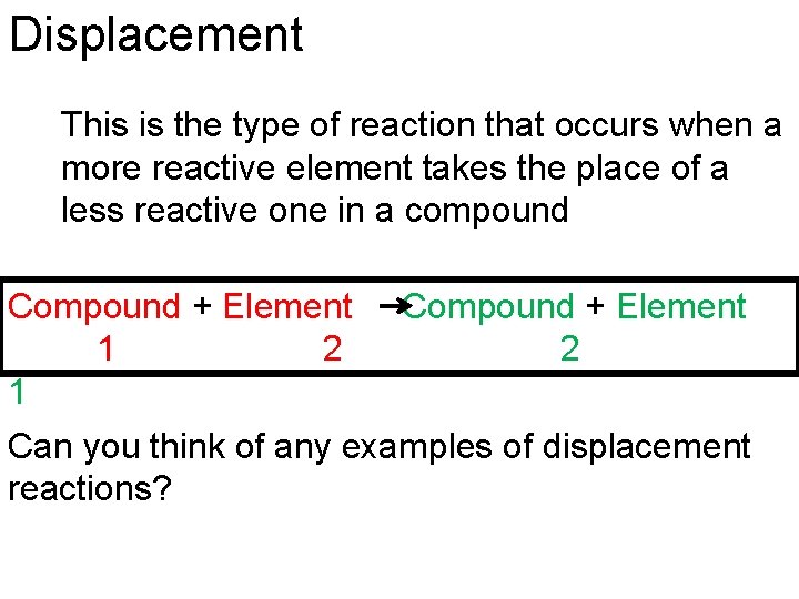 Displacement This is the type of reaction that occurs when a more reactive element