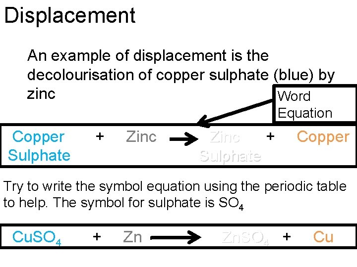 Displacement An example of displacement is the decolourisation of copper sulphate (blue) by zinc