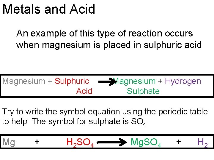 Metals and Acid An example of this type of reaction occurs when magnesium is