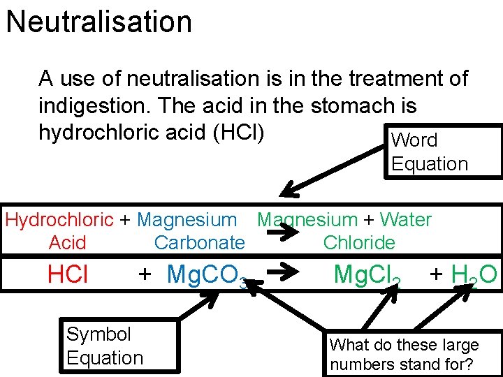 Neutralisation A use of neutralisation is in the treatment of indigestion. The acid in