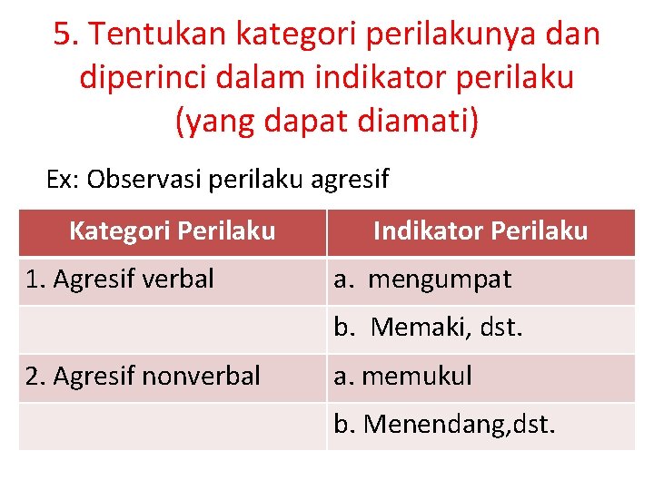 5. Tentukan kategori perilakunya dan diperinci dalam indikator perilaku (yang dapat diamati) Ex: Observasi