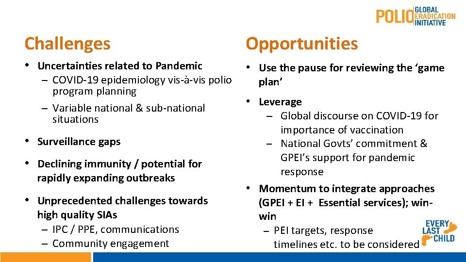 Challenges Opportunities • Uncertainties related to Pandemic • Use the pause for reviewing the