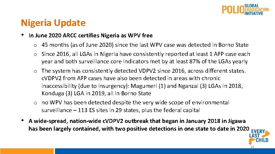 Nigeria Update • In June 2020 ARCC certifies Nigeria as WPV free o 45