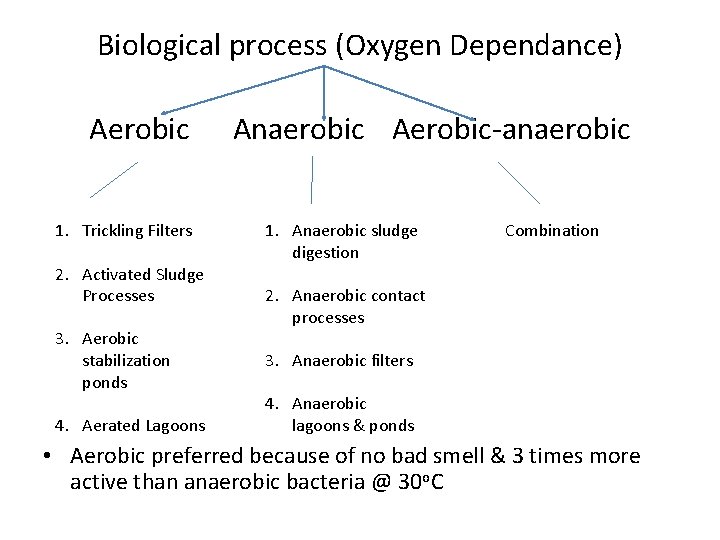 Biological process (Oxygen Dependance) Aerobic 1. Trickling Filters 2. Activated Sludge Processes 3. Aerobic