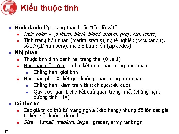 Kiểu thuộc tính n n n 17 Định danh: lớp, trạng thái, hoặc “tên