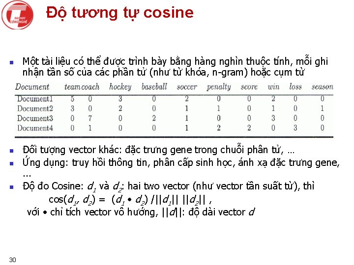 Độ tương tự cosine n n 30 Một tài liệu có thể được trình