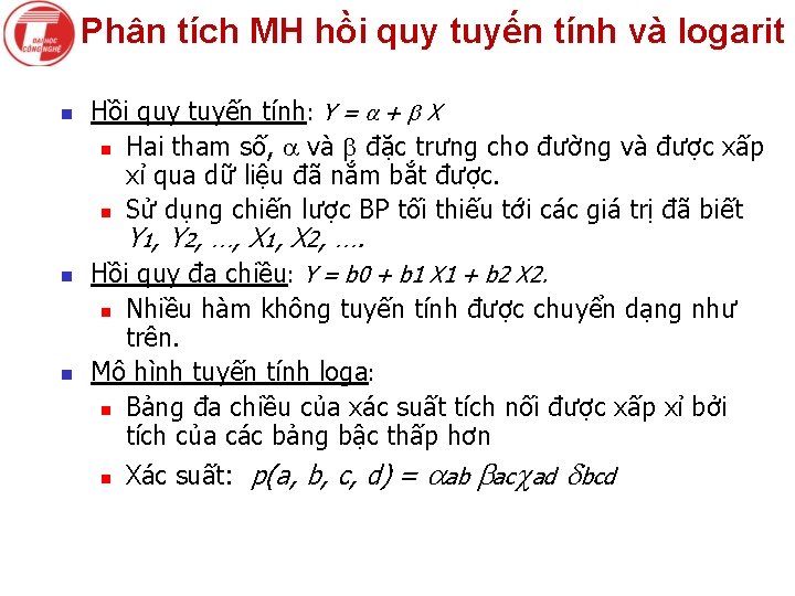 Phân tích MH hồi quy tuyến tính và logarit n Hồi quy tuyến tính: