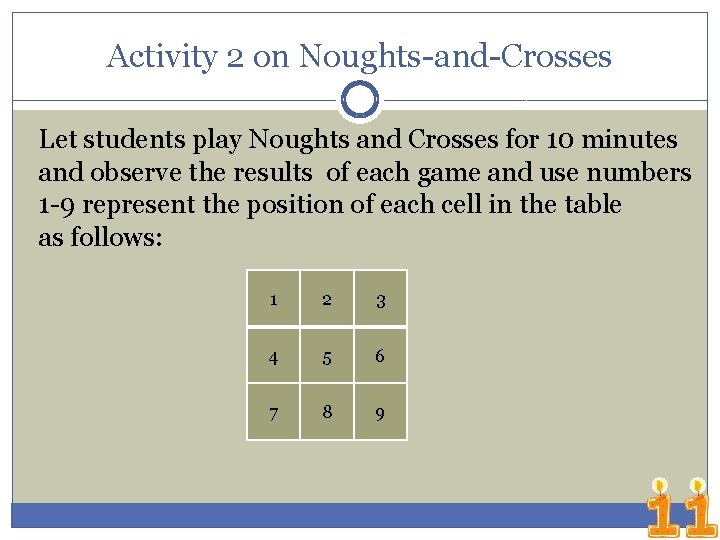 Activity 2 on Noughts-and-Crosses Let students play Noughts and Crosses for 10 minutes and