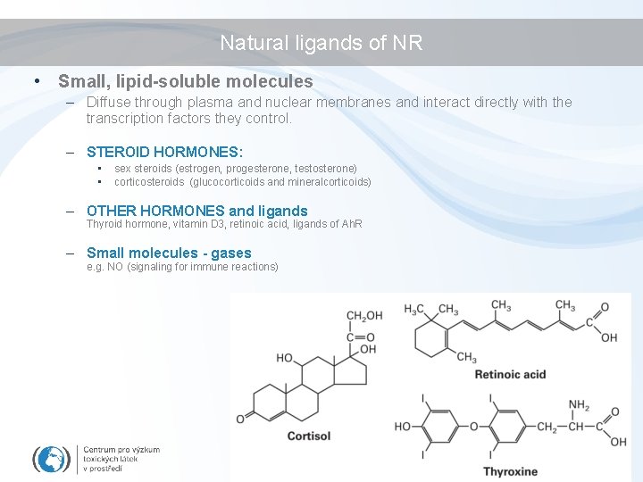 Natural ligands of NR • Small, lipid-soluble molecules – Diffuse through plasma and nuclear