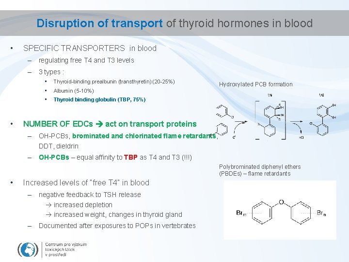 Disruption of transport of thyroid hormones in blood • SPECIFIC TRANSPORTERS in blood –
