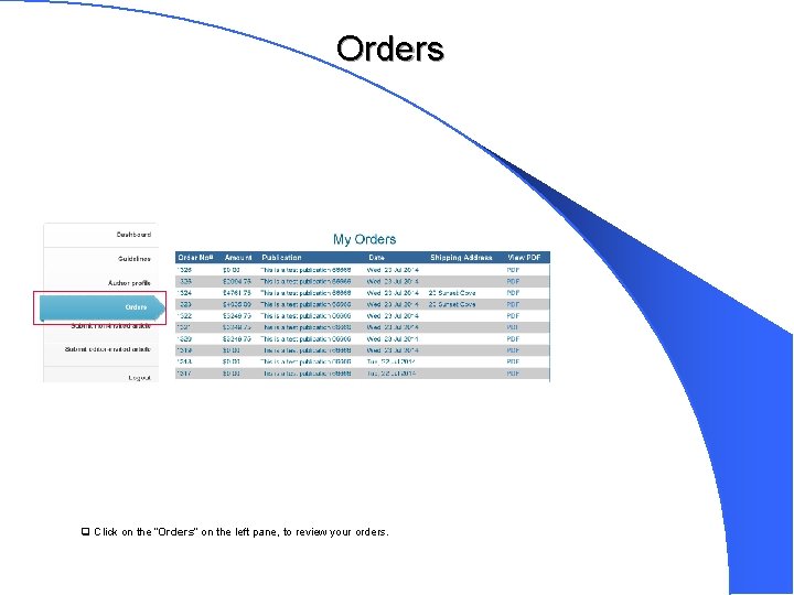 Orders q Click on the “Orders” on the left pane, to review your orders.