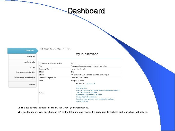 Dashboard q The dashboard includes all information about your publications. q Once logged in,