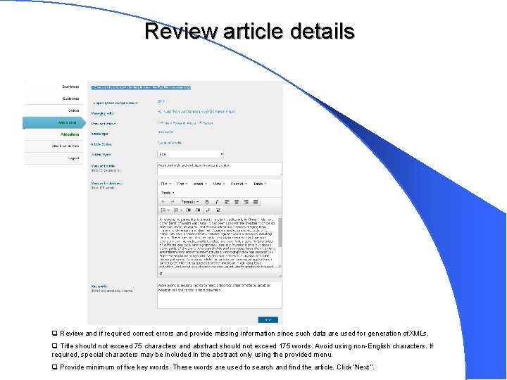Review article details q Review and if required correct errors and provide missing information