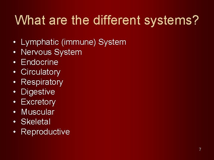 What are the different systems? • • • Lymphatic (immune) System Nervous System Endocrine