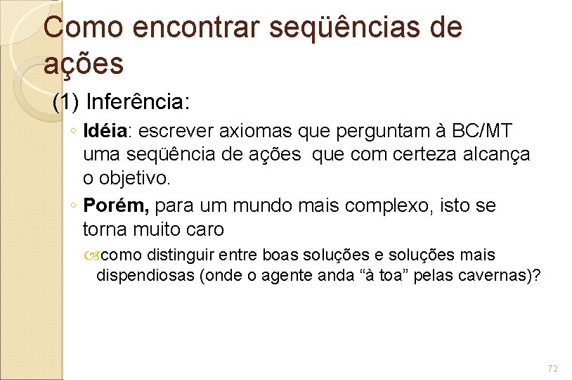 Como encontrar seqüências de ações (1) Inferência: ◦ Idéia: escrever axiomas que perguntam à