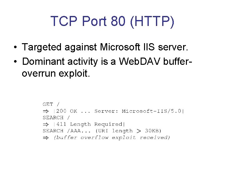 TCP Port 80 (HTTP) • Targeted against Microsoft IIS server. • Dominant activity is
