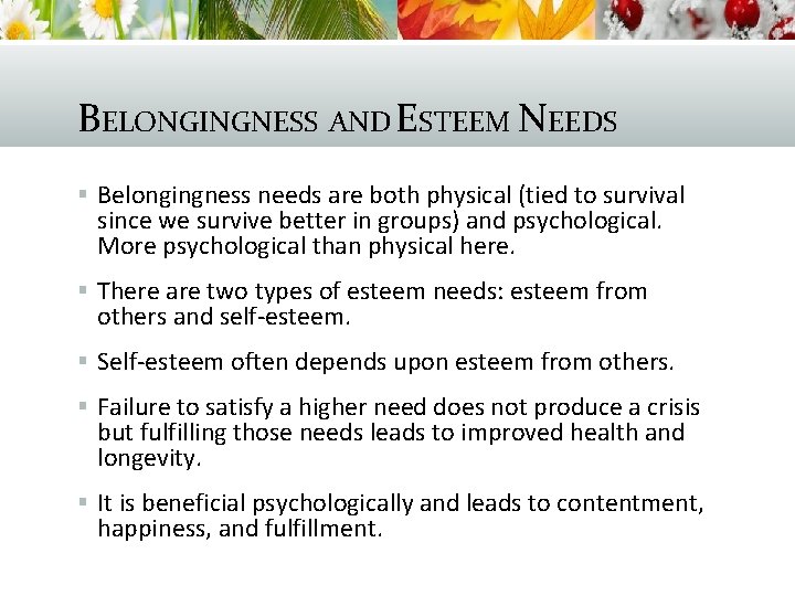 BELONGINGNESS AND ESTEEM NEEDS § Belongingness needs are both physical (tied to survival since