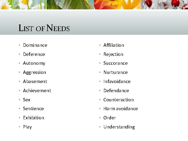 LIST OF NEEDS § Dominance § Affiliation § Deference § Rejection § Autonomy §