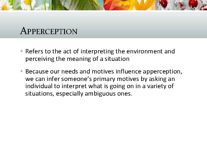 APPERCEPTION § Refers to the act of interpreting the environment and perceiving the meaning