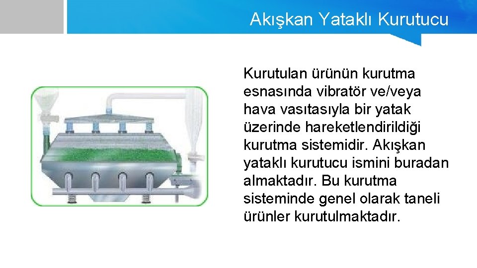 Akışkan Yataklı Kurutucu Kurutulan ürünün kurutma esnasında vibratör ve/veya hava vasıtasıyla bir yatak üzerinde