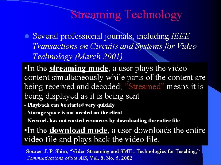 Streaming Technology Several professional journals, including IEEE Transactions on Circuits and Systems for Video