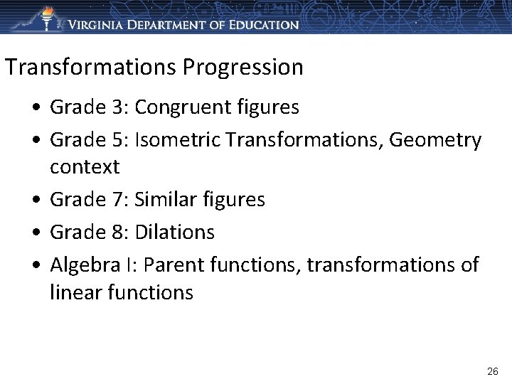 Transformations Progression • Grade 3: Congruent figures • Grade 5: Isometric Transformations, Geometry context