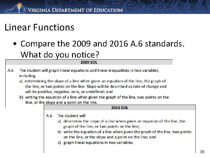 Linear Functions • Compare the 2009 and 2016 A. 6 standards. What do you