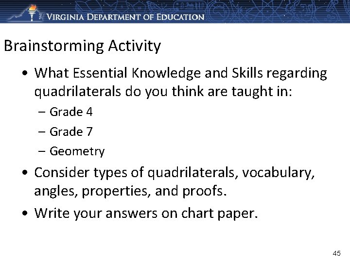 Brainstorming Activity • What Essential Knowledge and Skills regarding quadrilaterals do you think are