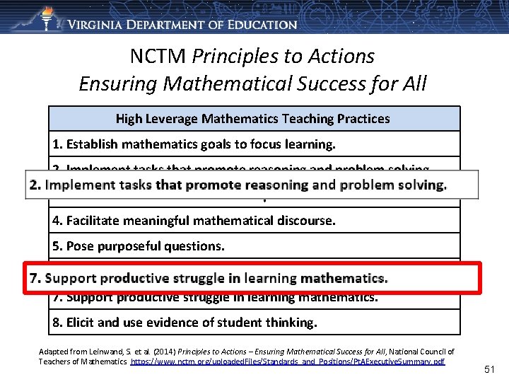 NCTM Principles to Actions Ensuring Mathematical Success for All High Leverage Mathematics Teaching Practices