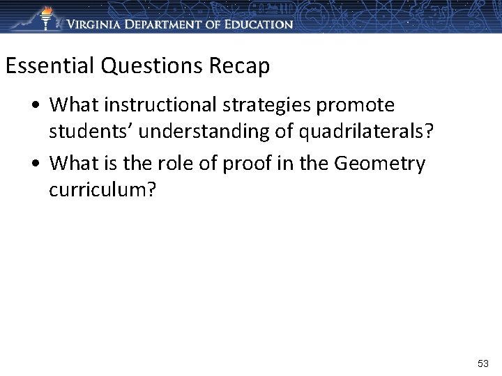 Essential Questions Recap • What instructional strategies promote students’ understanding of quadrilaterals? • What