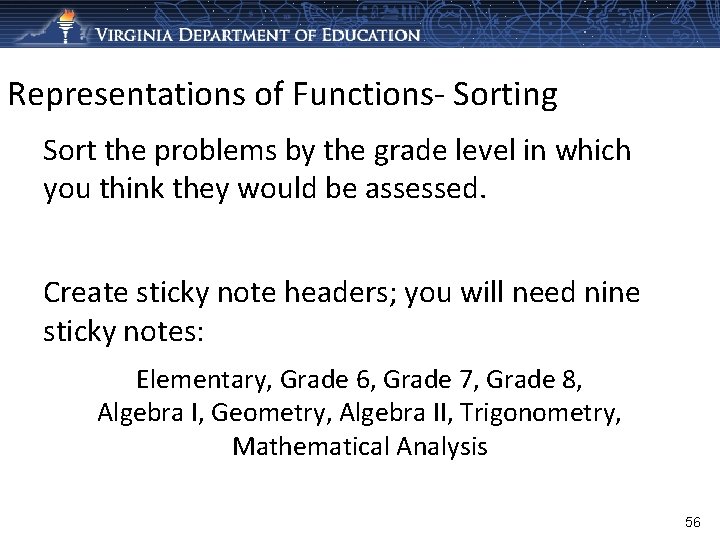Representations of Functions- Sorting Sort the problems by the grade level in which you